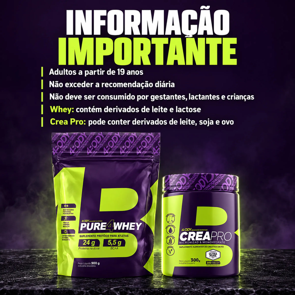Informações importantes do kit 4Body com Pure Whey refil 900g e Crea Pro 300g: advertências e alérgicos