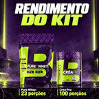 Rendimento do kit 4Body: Pure Whey refil 900g com 23 porções e Crea Pro 300g com 100 porções