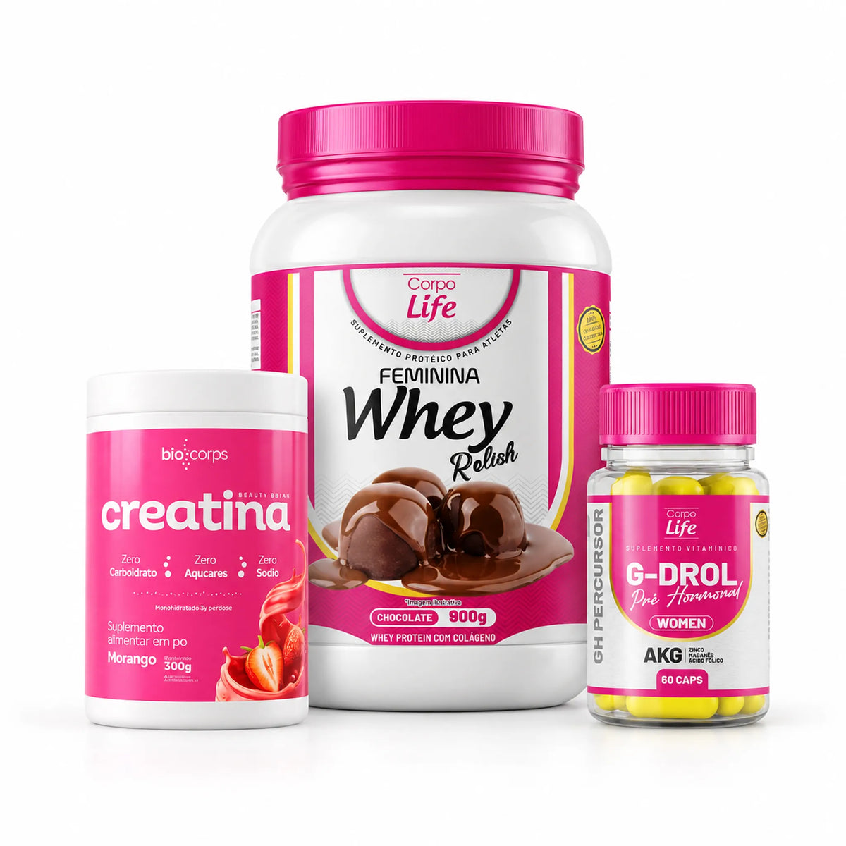 Kit com Relish Whey Feminina, Creatina Beauty Drink Biocorps e G-Drol Woman Corpo Life