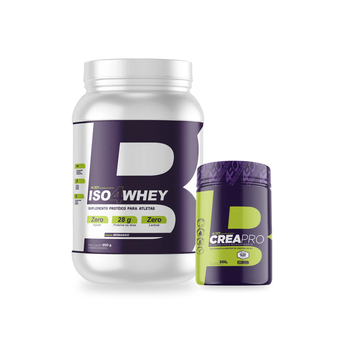 Kit 4Body com whey isolado Iso4Whey 900g e creatina Crea Pro 300g, sabor morango