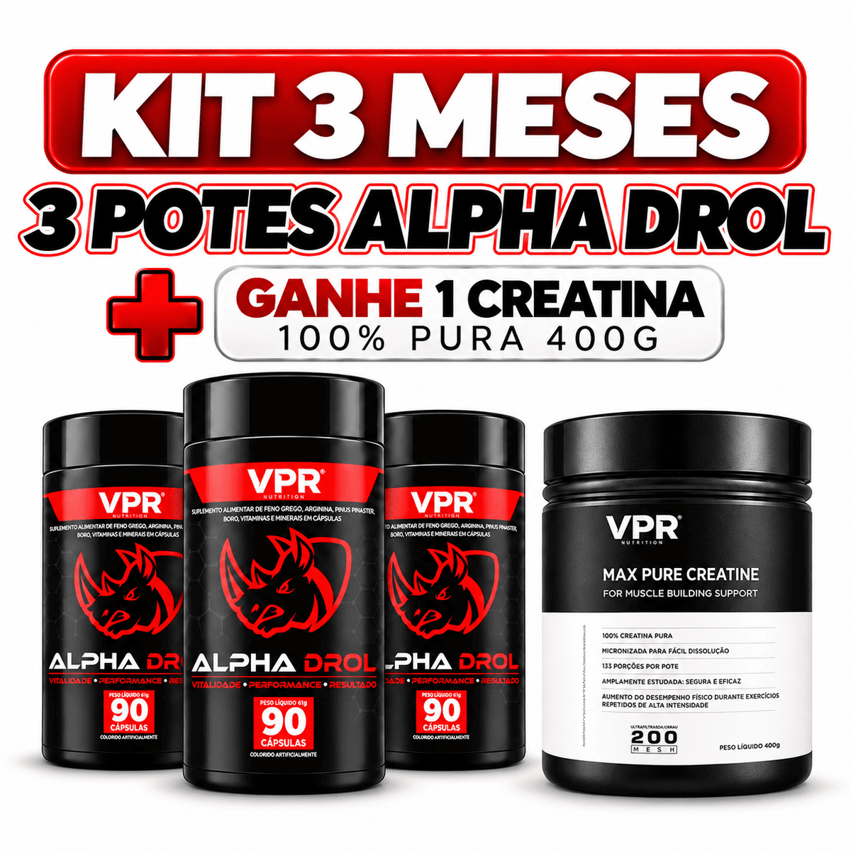 Alphadrol 90 capsulas Vpr Nutrition, 3 Unidades - ganhe 1 creatina 400g