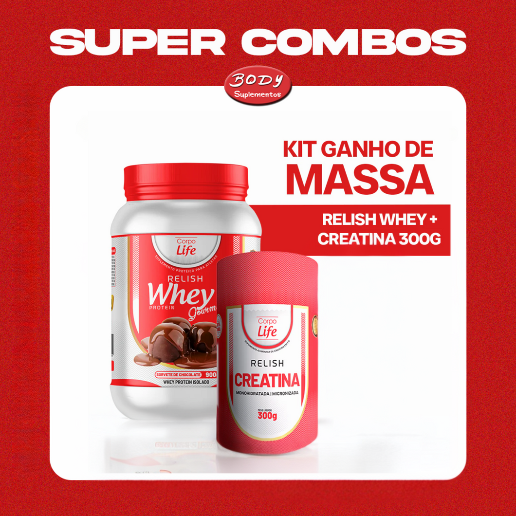 Kit ganho de Massa: Relish Whey 900g + creatina 300g 100% pura Corpo Life