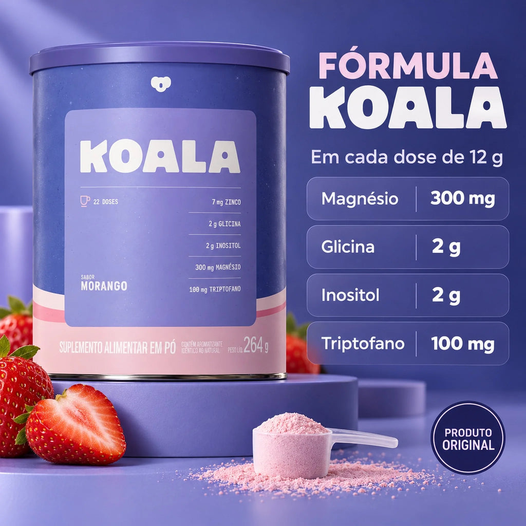 Fórmula do Koala Sleep 264g Caffeine Army, sabor Morango: magnésio, glicina, inositol e triptofano por dose