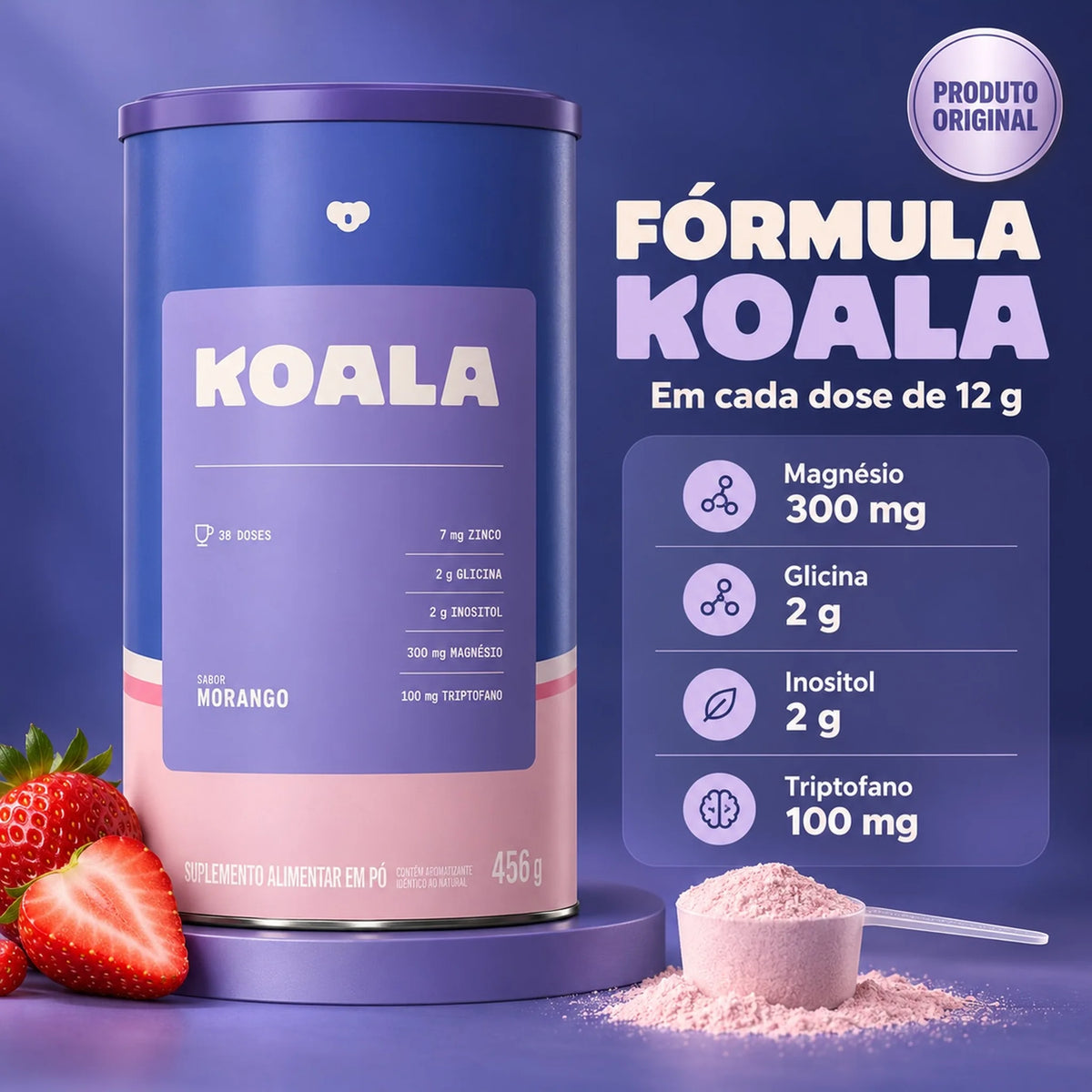 Fórmula do Koala Sleep 456g Caffeine Army, sabor Morango: magnésio, glicina, inositol e triptofano por dose