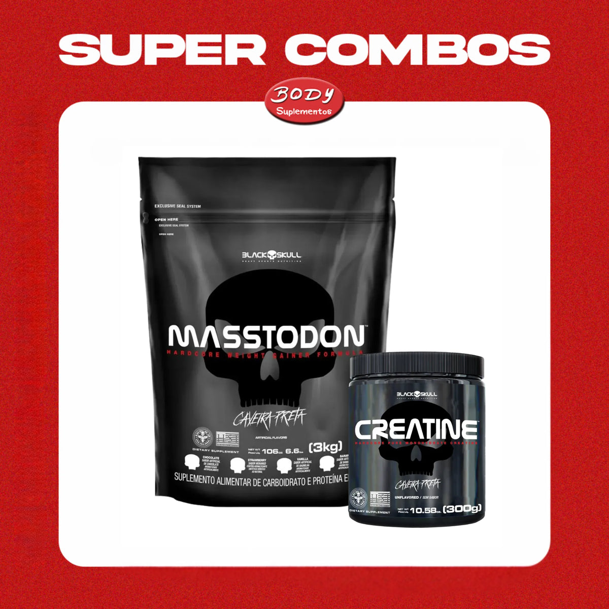 Hipercalorico Mastodon 3kg + Creatina 100% pura 300g Black skull, Chocolate