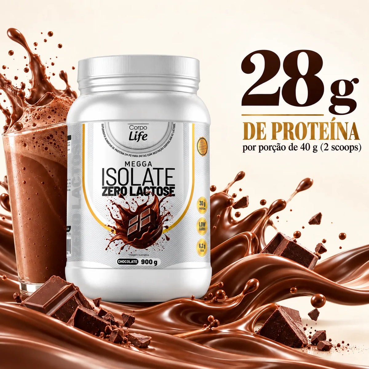 Megga Isolate Corpo Life 900g com 28g de proteína por porção de 40g
