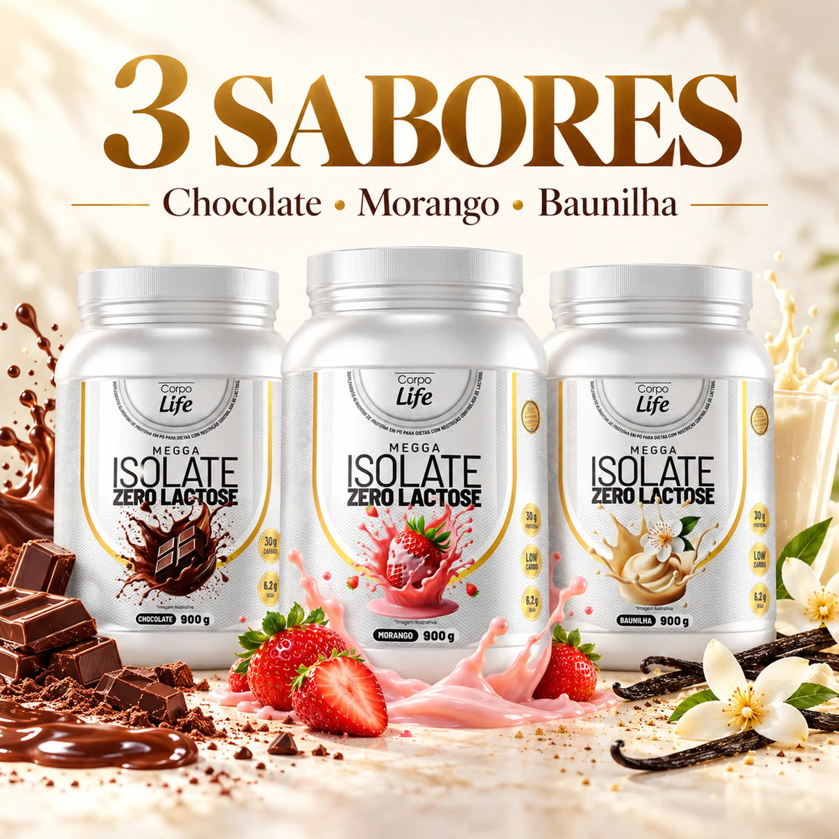 Megga Isolate Zero Lactose Corpo Life 900g nos sabores chocolate, morango e baunilha