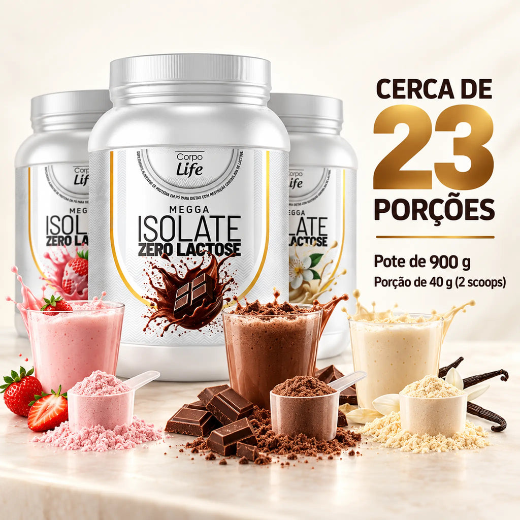 Megga Isolate Corpo Life 900g rende cerca de 23 porções de 40g