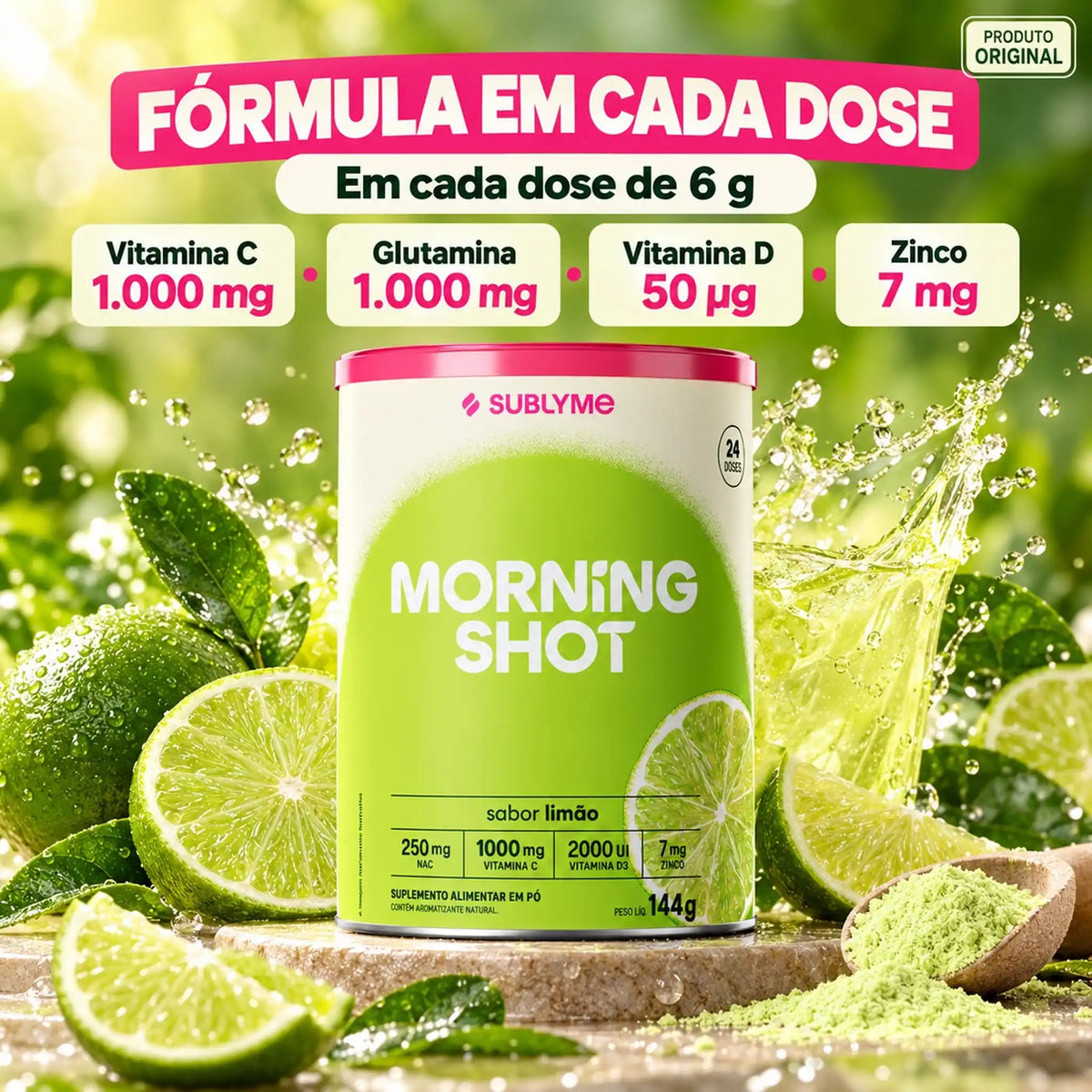Fórmula do Morning Shot 144g Sublyme, sabor Limão: vitamina C, vitamina D, zinco e glutamina por dose