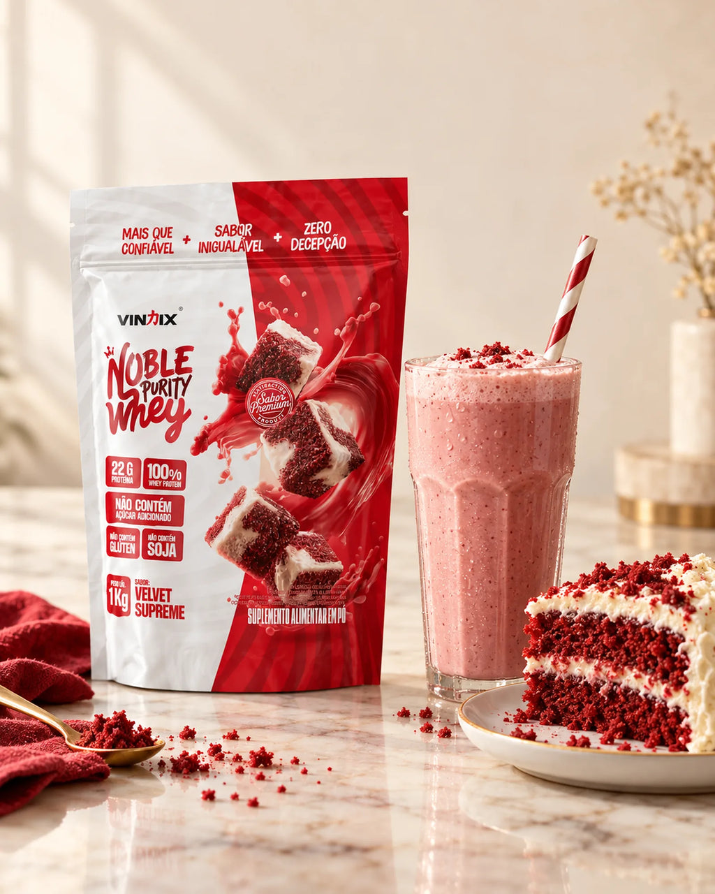 Noble Purity Whey Vindix 1kg sabor Velvet Supreme com shake e bolo red velvet