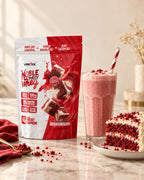 Noble Purity Whey Vindix 1kg sabor Velvet Supreme com shake e bolo red velvet