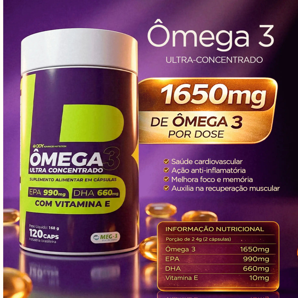 Ômega 3 120 cápsulas 4Body Nutrition ultra concentrado selo MEG3, foto 2