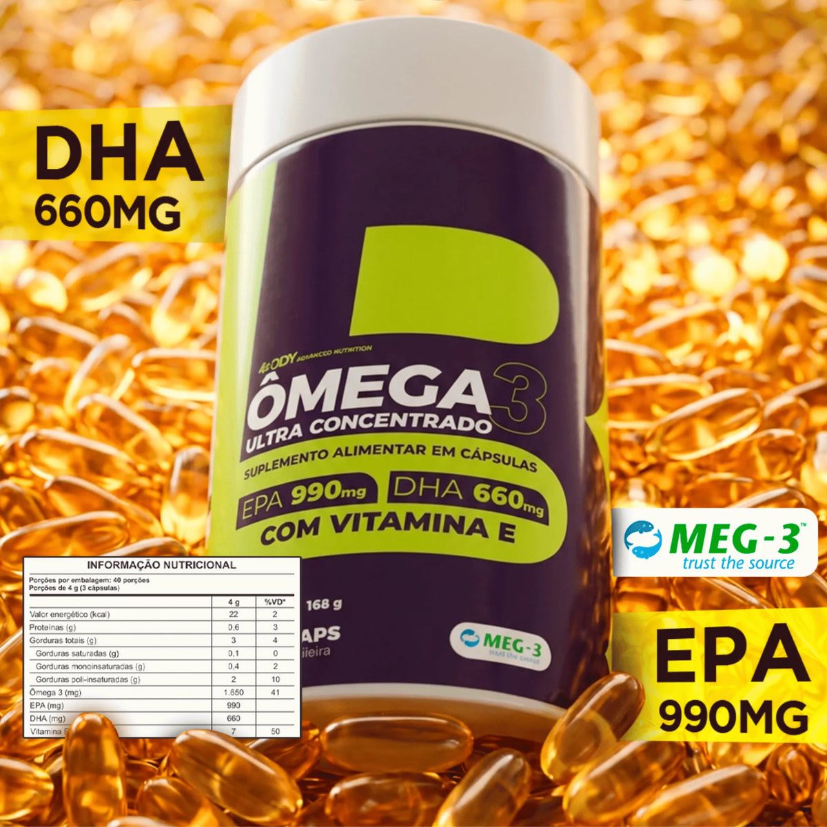 Ômega 3 120 cápsulas 4Body Nutrition ultra concentrado selo MEG3, foto 3