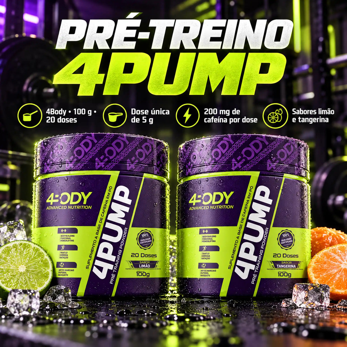 Pré-treino 4Pump 100g 4Body Nutrition nos sabores limão e tangerina