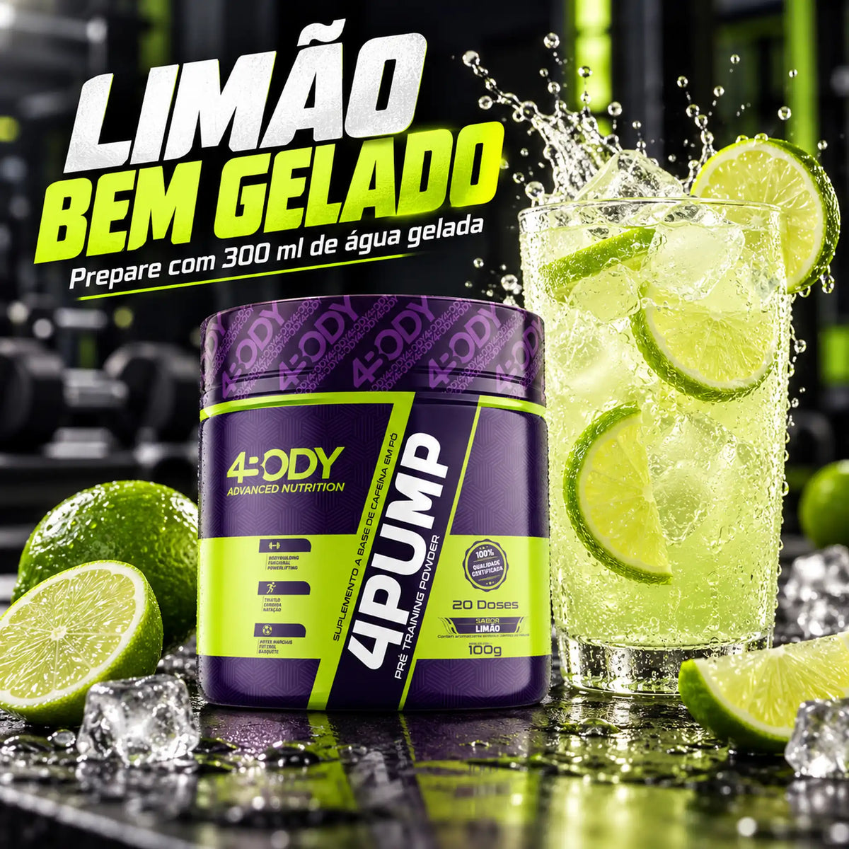 Pré-treino 4Pump 100g sabor limão preparado com água gelada
