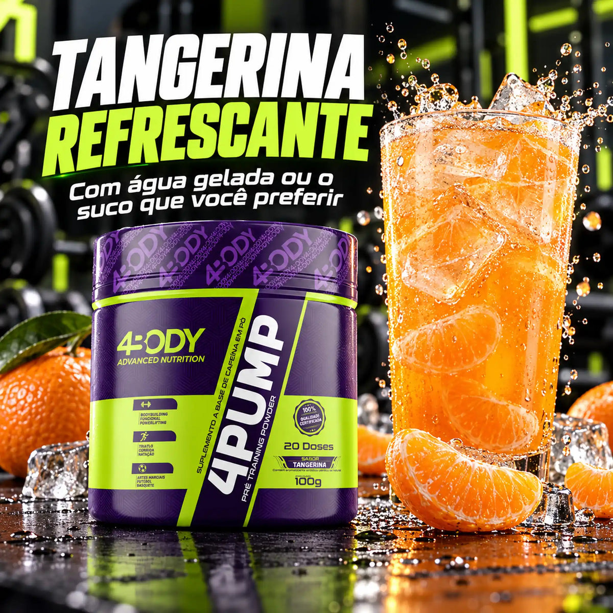 Pré-treino 4Pump 100g sabor tangerina preparado com água gelada