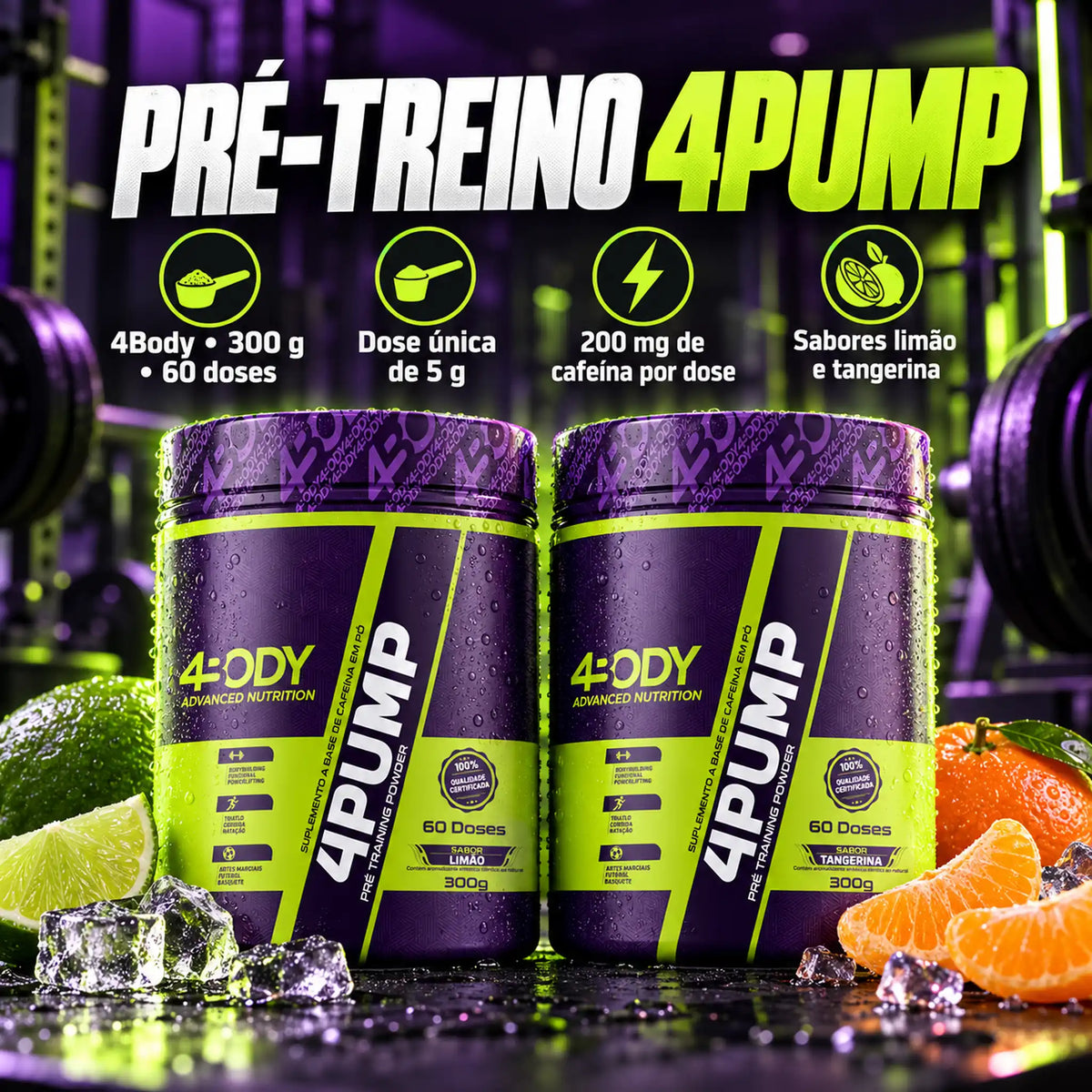 Pré-treino 4Pump 300g 4Body Nutrition nos sabores limão e tangerina
