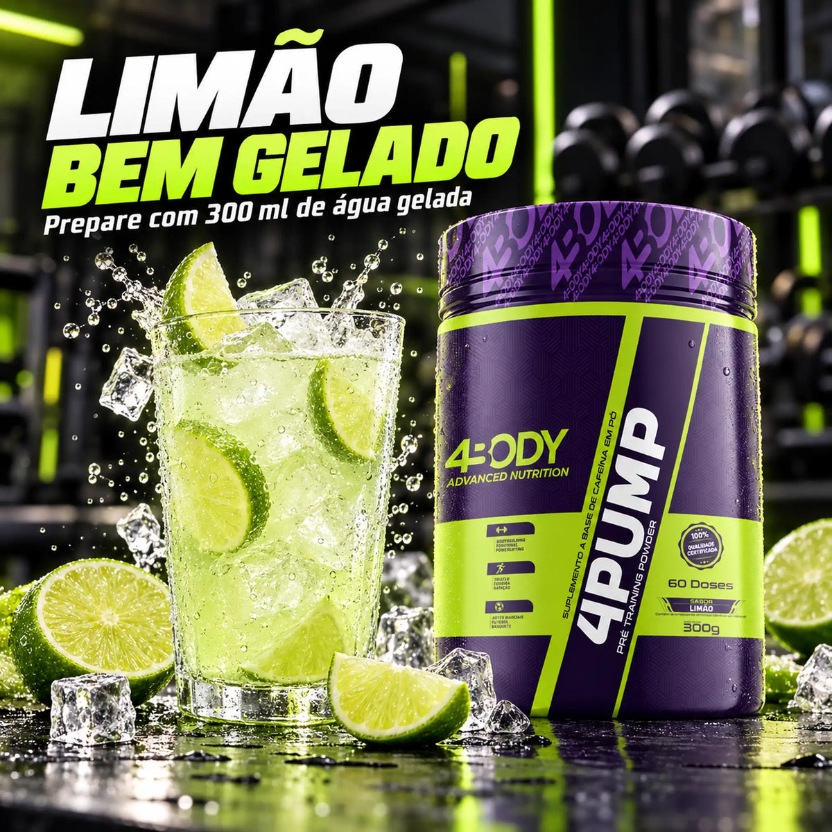 Pré-treino 4Pump 300g sabor limão preparado com água gelada