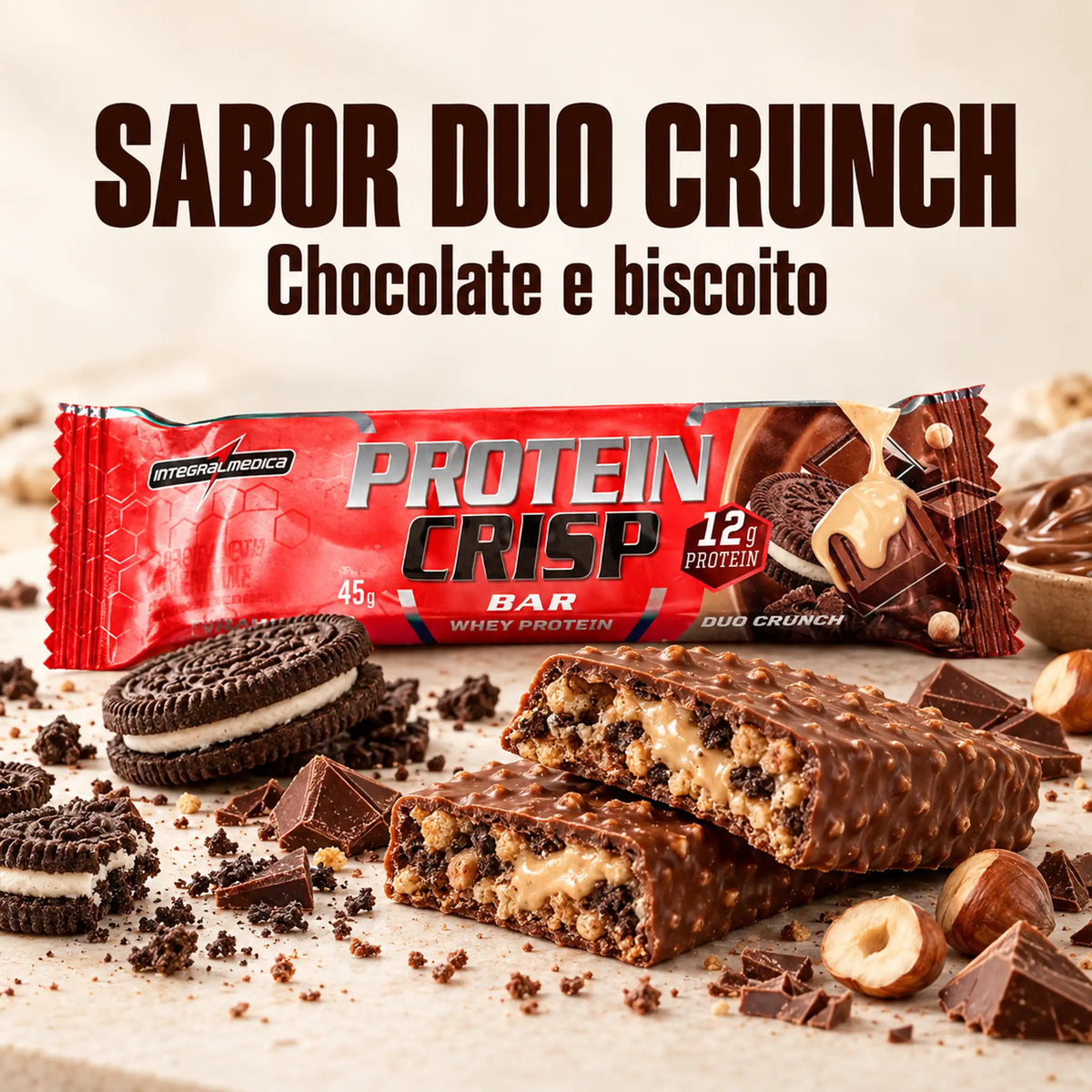 Protein Crisp Bar Integralmédica 45g sabor Duo Crunch com chocolate e biscoito