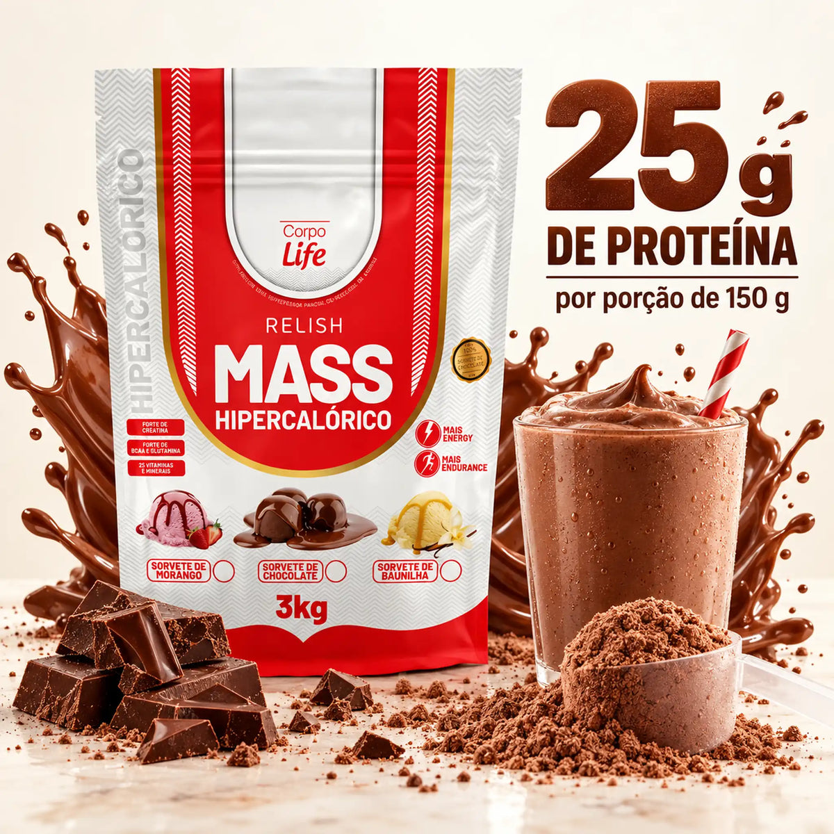Relish Mass Hipercalórico Corpo Life 3kg com 25g de proteína por porção