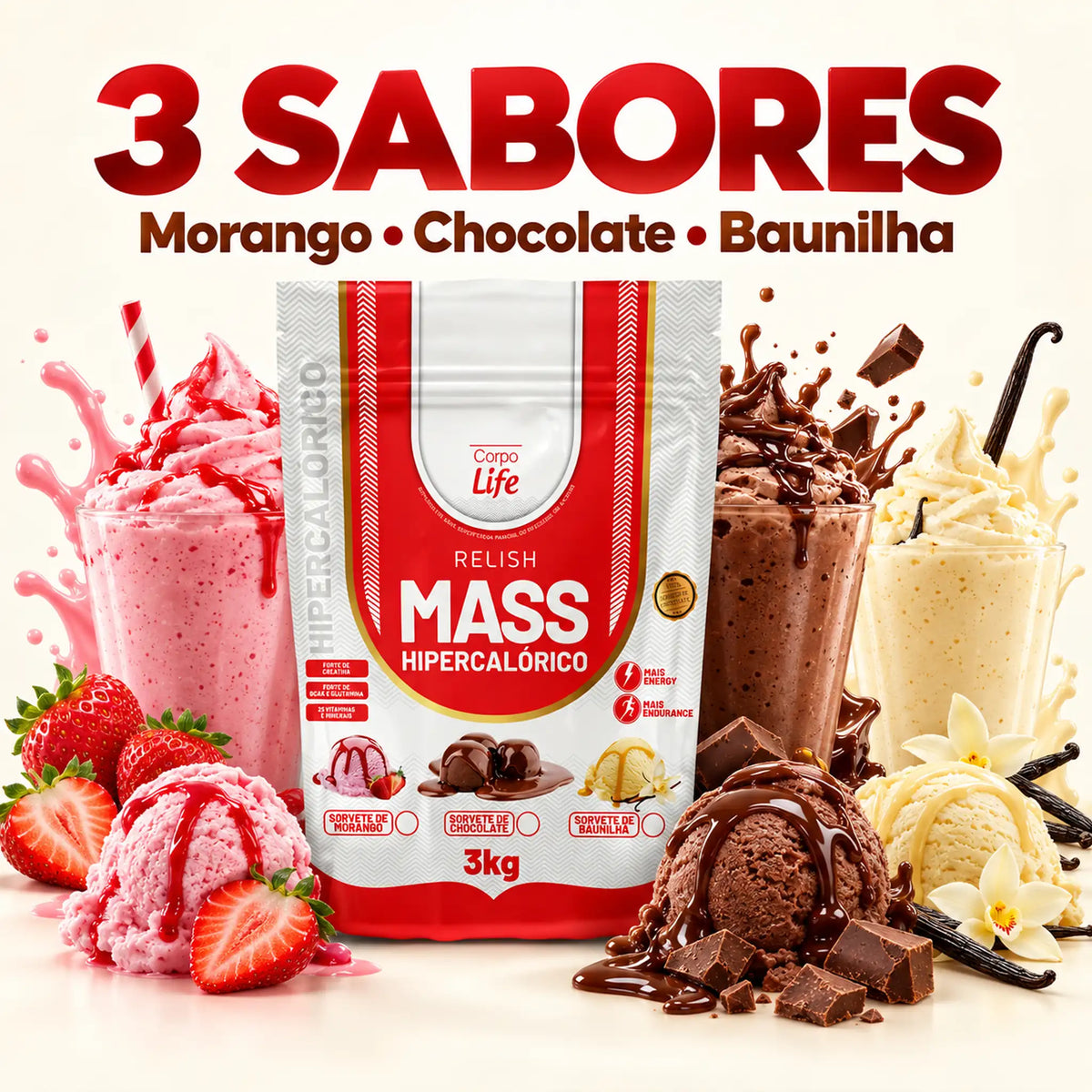 Relish Mass Hipercalórico Corpo Life 3kg nos sabores morango, chocolate e baunilha