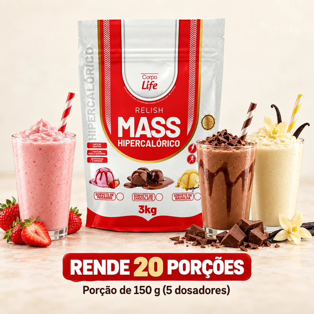 Relish Mass Hipercalórico Corpo Life 3kg rende 20 porções de 150g