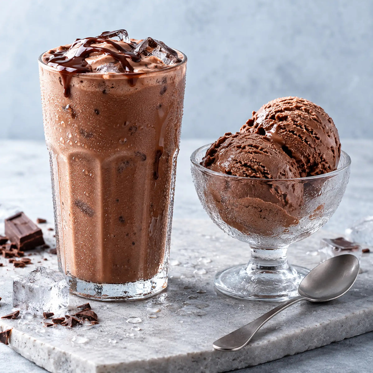 Copo de shake de chocolate gelado ao lado de duas bolas de sorvete de chocolate