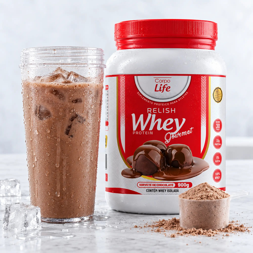 Pote de Relish Whey sabor Chocolate com coqueteleira gelada e dosador com pó