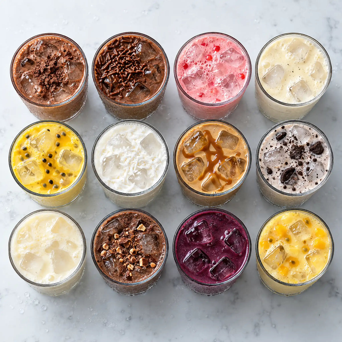 Doze copos de shakes gelados em sabores e cores diferentes vistos de cima