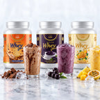 Potes de Relish Whey Chocotine, Açaí com Leitinho e Sorvete Tropical com shakes gelados