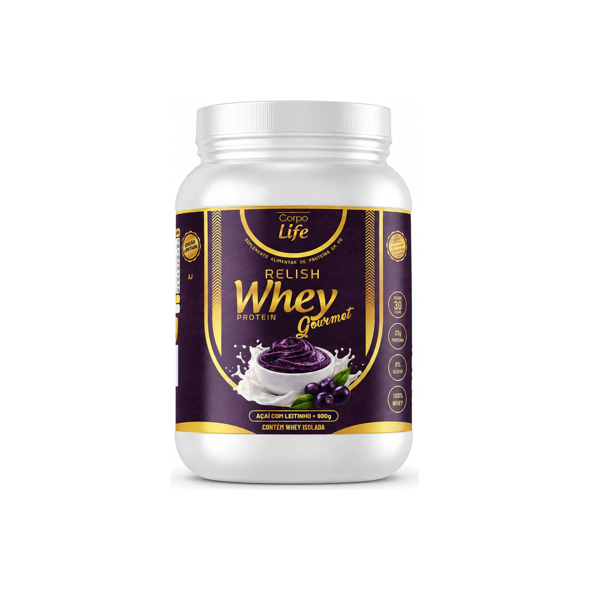 Relish Whey Protein Gourmet Corpo Life 900g sabor açaí com leitinho