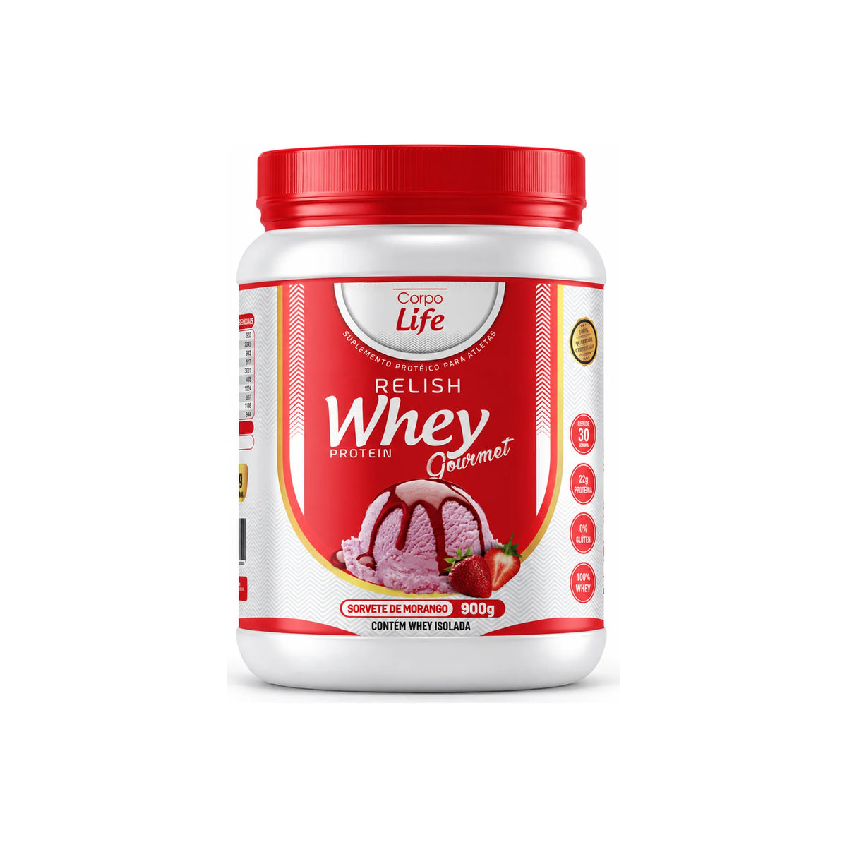 Relish Whey Protein Gourmet Corpo Life 900g sabor sorvete de morango
