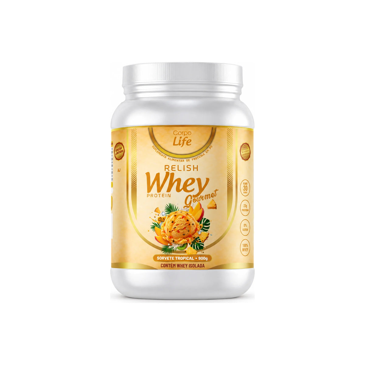 Relish Whey Protein Gourmet Corpo Life 900g sabor sorvete tropical