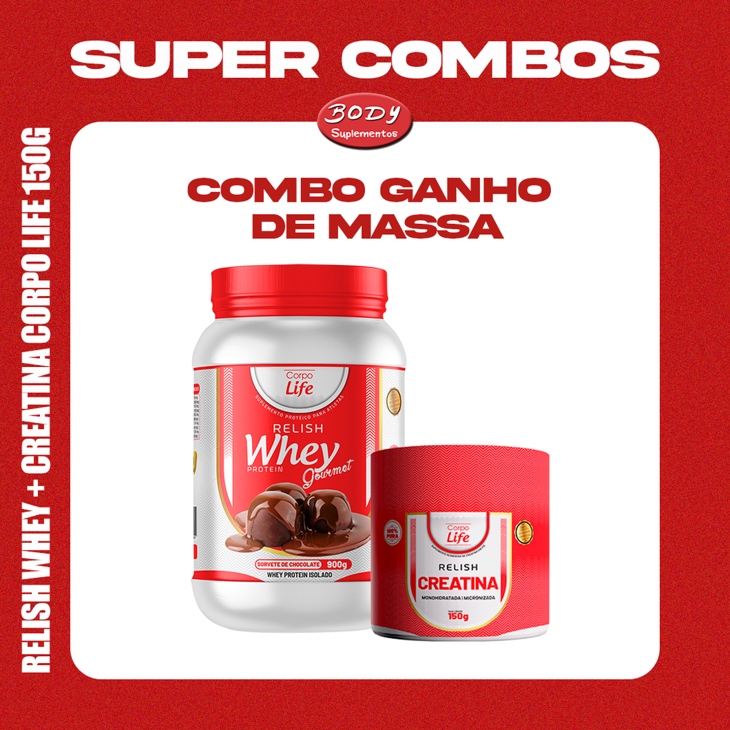 Kit ganho de Massa: Relish Whey 900g + creatina 150g 100% pura Corpo Life