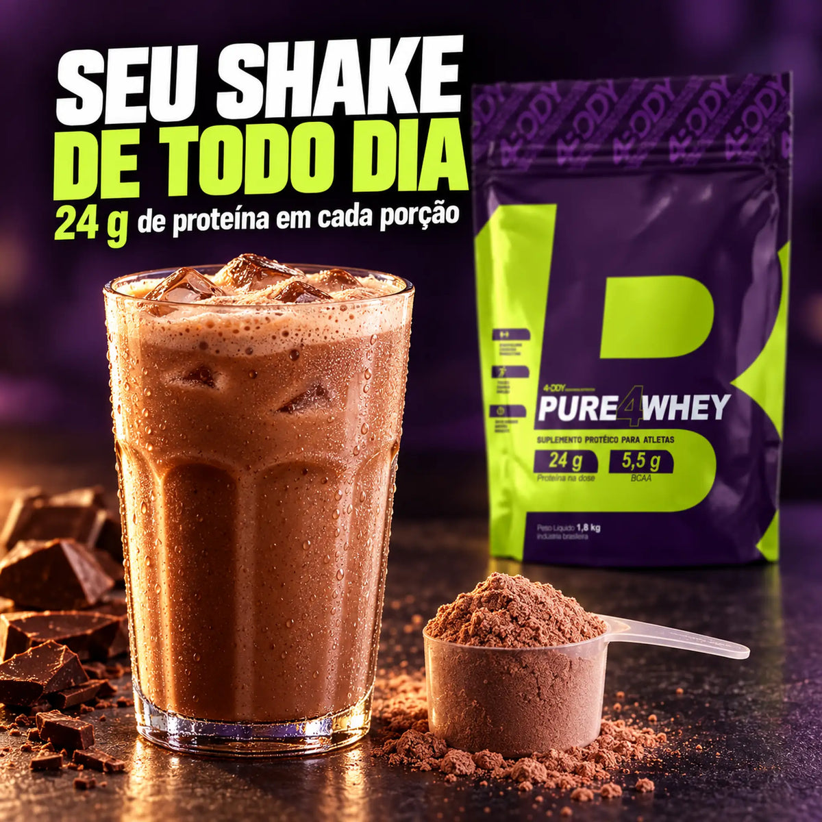 Shake de whey protein 4Pure Whey 4Body com 24g de proteína por porção