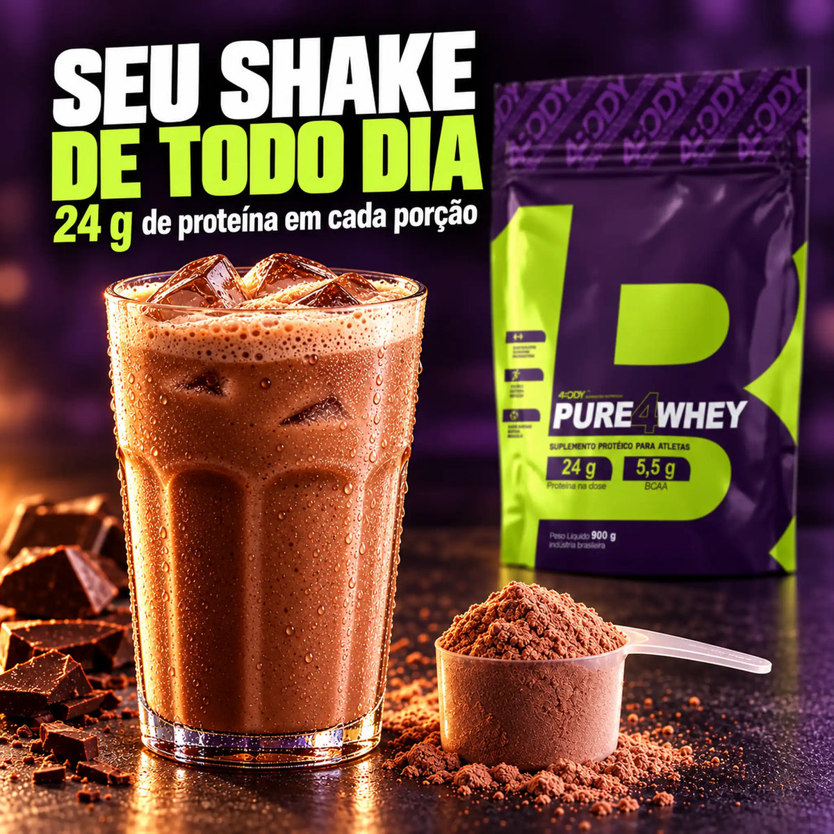 Shake de whey protein 4Pure Whey Refil 900g 4Body com 24g de proteína por porção