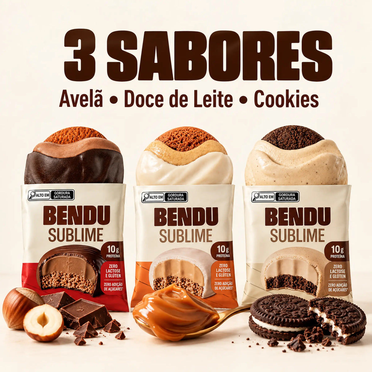 Sublime Bendu 40g nos sabores avelã, doce de leite e cookies