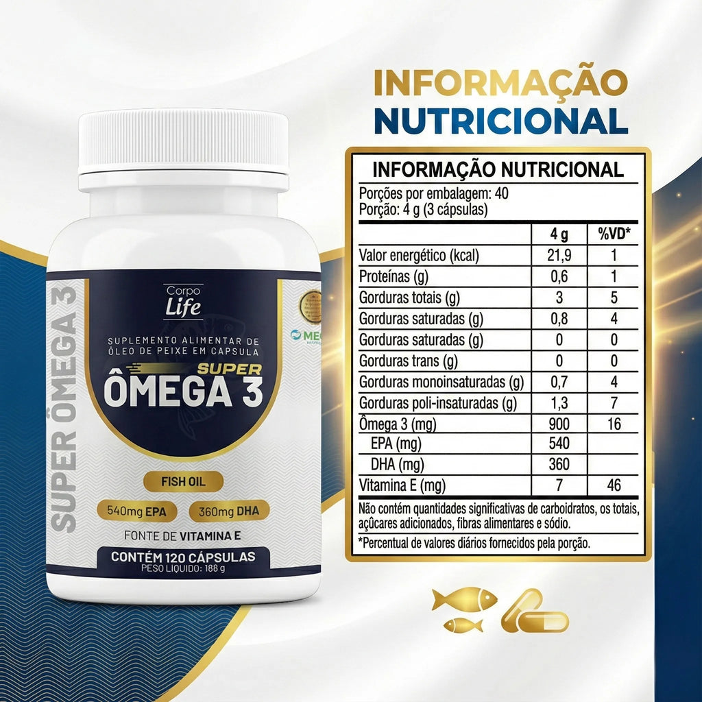 Super Ômega 3 Corpo Life 120 cápsulas Fish Oil 540 mg EPA 360 mg DHA com Vitamina E Corpo Life - imagem 3