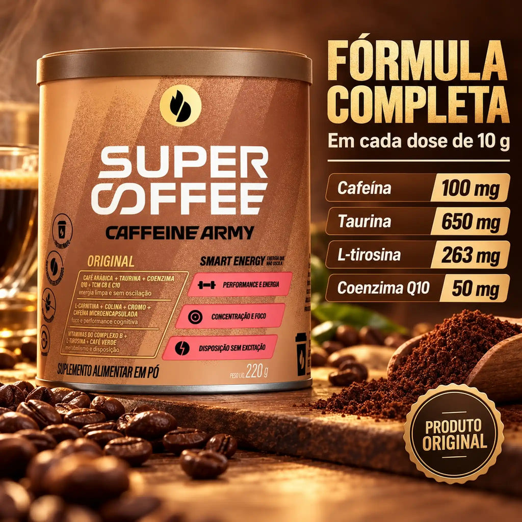 Fórmula do Supercoffee 3.0 220g Caffeine Army, sabor Original: cafeína, taurina, tirosina e coenzima Q10 por dose