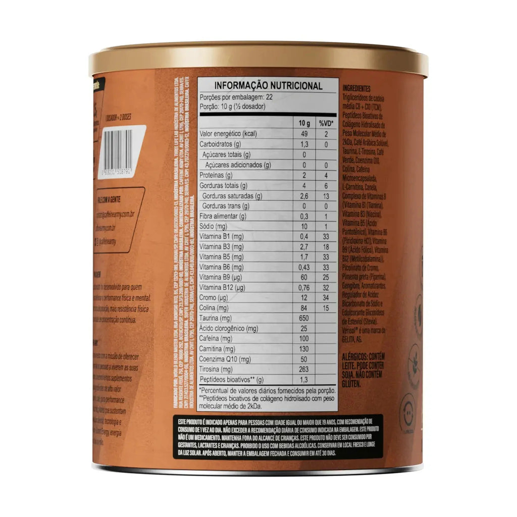 Rótulo do Supercoffee 3.0 220g Caffeine Army com informação nutricional e código de barras