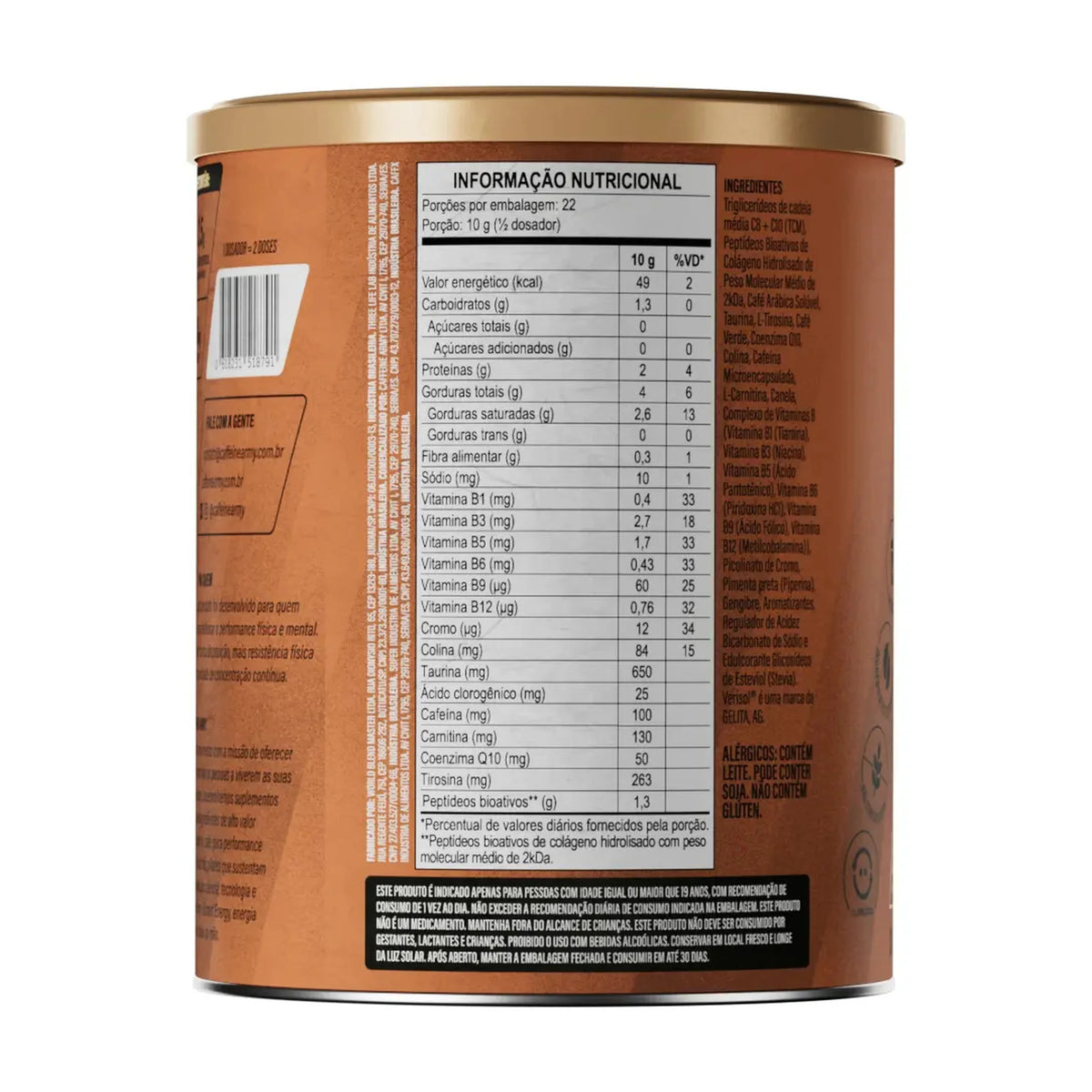 Rótulo do Supercoffee 3.0 220g Caffeine Army com informação nutricional e código de barras
