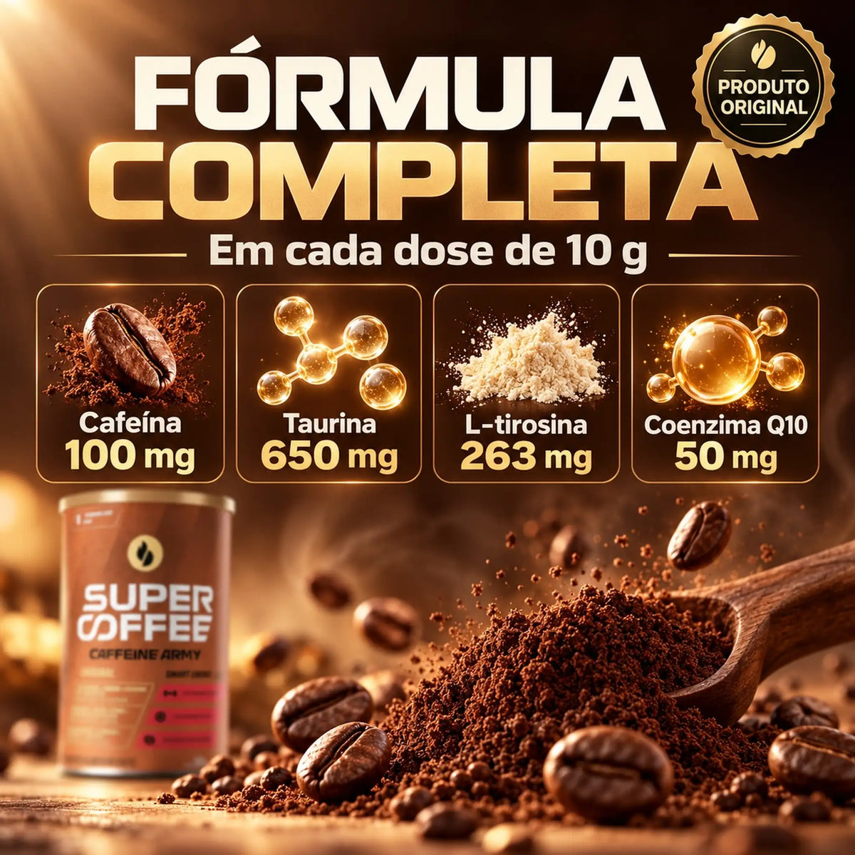 Fórmula do Supercoffee 3.0 380g Caffeine Army, sabor Original: cafeína, taurina, tirosina e coenzima Q10 por dose