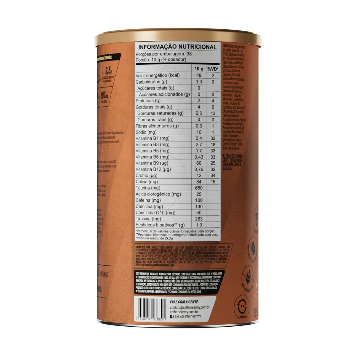 Rótulo do Supercoffee 3.0 380g Caffeine Army com informação nutricional e código de barras