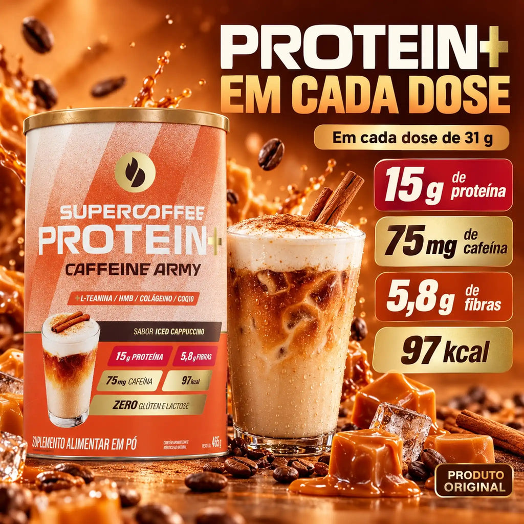 Fórmula do Supercoffee Protein+ 465g Caffeine Army, sabor Iced Cappuccino: proteína, fibras e cafeína por dose