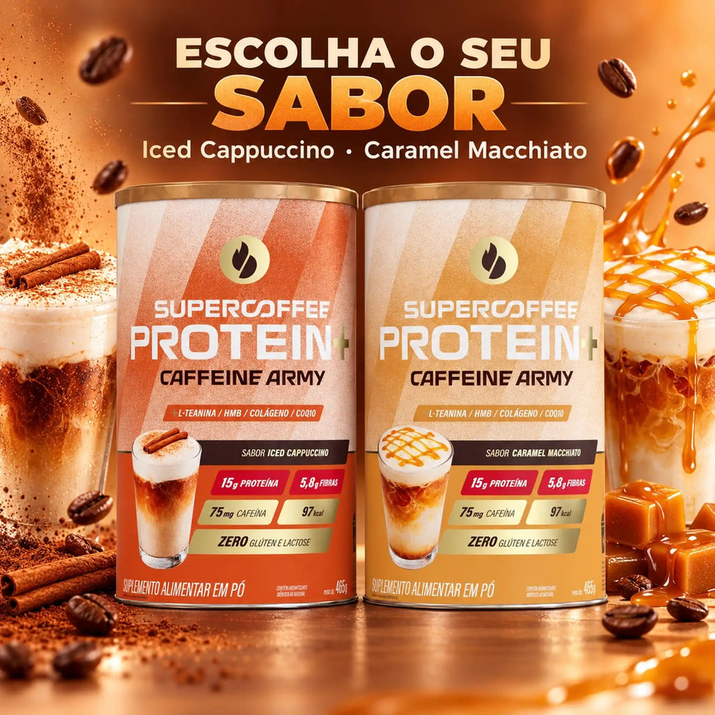 Sabores do Supercoffee Protein+ 465g Caffeine Army: Iced Cappuccino e Caramel Macchiato