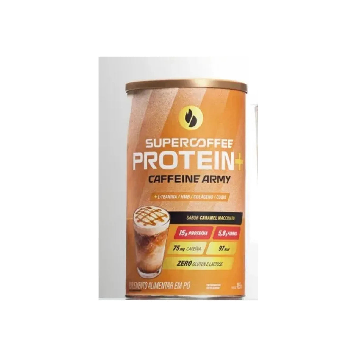 Supercoffee Protein+ Caramel Macchiato 465g Caffeine Army, lata sobre fundo branco