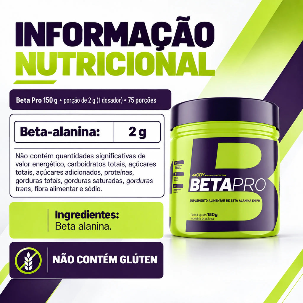 Tabela nutricional e ingredientes da beta-alanina Beta Pro 150 g 4Body