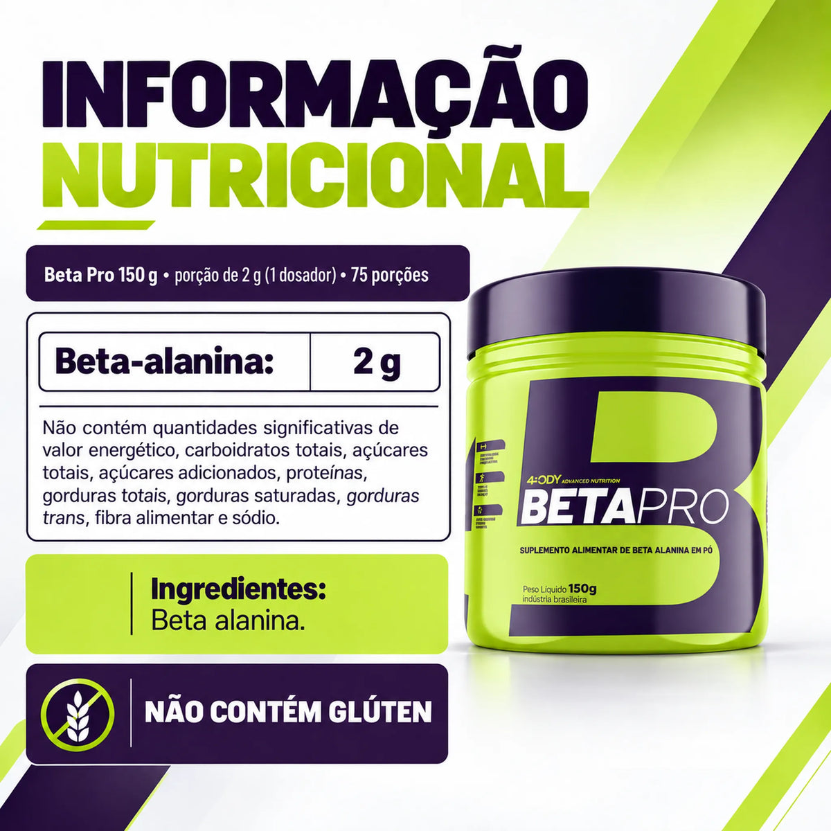 Tabela nutricional e ingredientes da beta-alanina Beta Pro 150 g 4Body