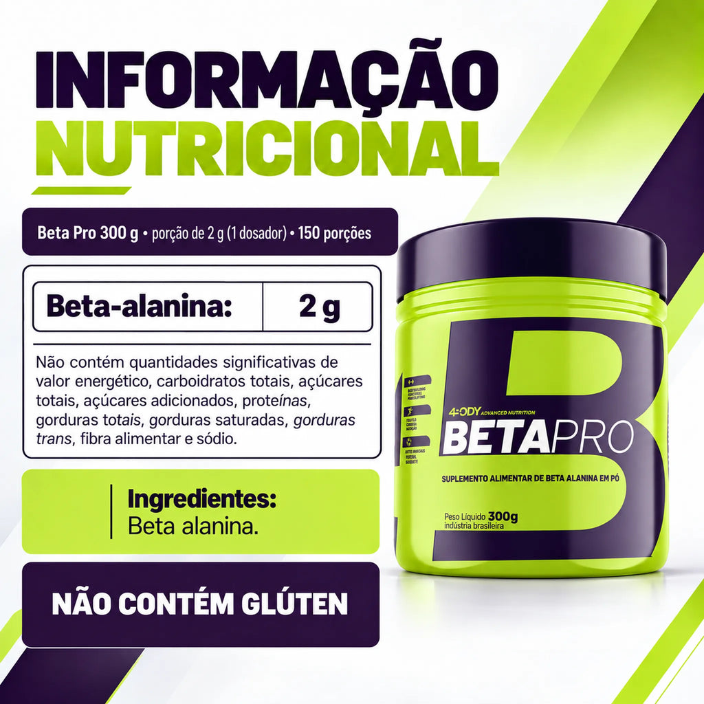 Tabela nutricional e ingredientes da beta-alanina Beta Pro 300 g 4Body