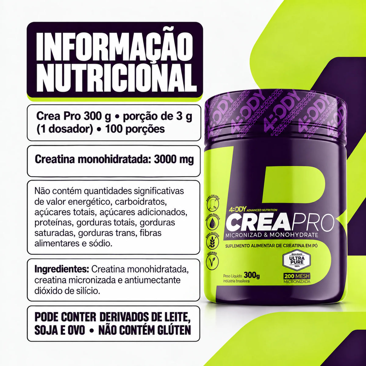 Tabela nutricional e ingredientes da creatina Crea Pro 300 g 4Body